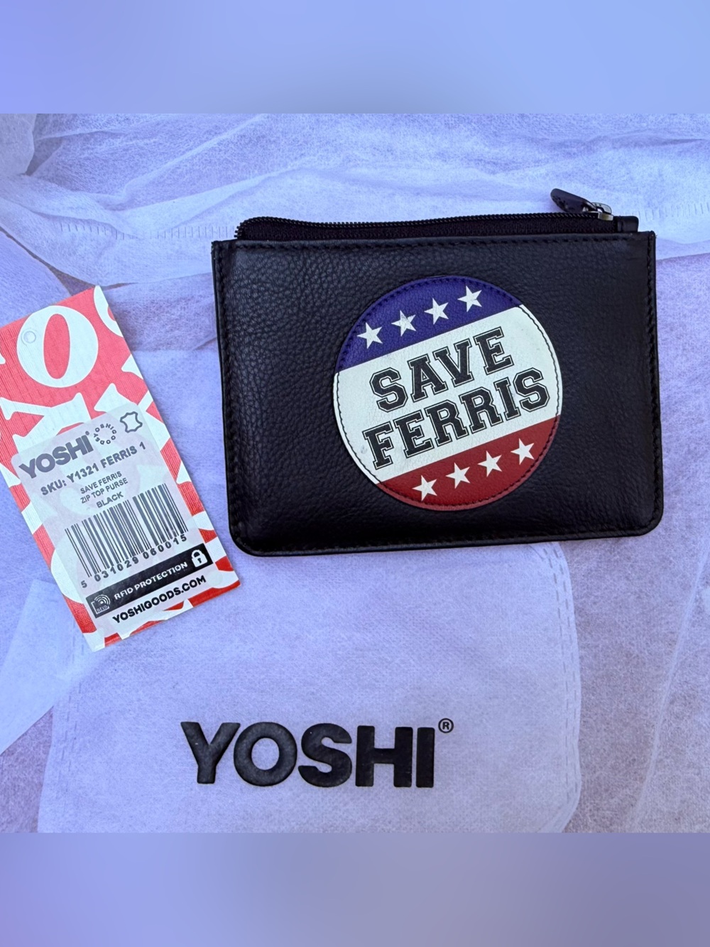 YOSHI LICHFIELD Black Leather 'Save Ferris' Zip Card Wallet NWT/EC